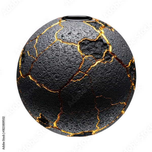 Obraz A striking spherical black object with intricate golden cracks, reminiscent of kintsugi art or a damaged planet, isolated on transparent background