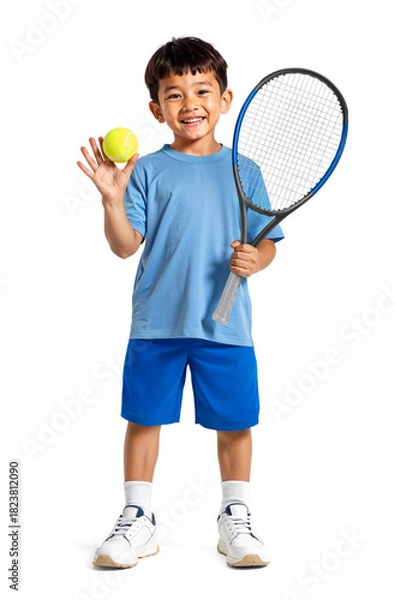 Obraz Smiling Asian Boy in Blue Outfit Holding Racket and Ball, isolated