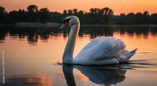 Fototapeta Elegant swan gliding gracefully across serene water mirroring the warm hues of dawn or dusk