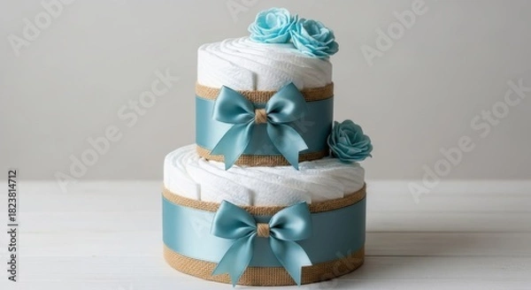 Fototapeta Elegant two-tiered diaper cake adorned with soft blue ribbons and floral accents for baby shower