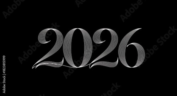 Fototapeta Stylish 2026 Number Design with Metallic Lines on Black Background