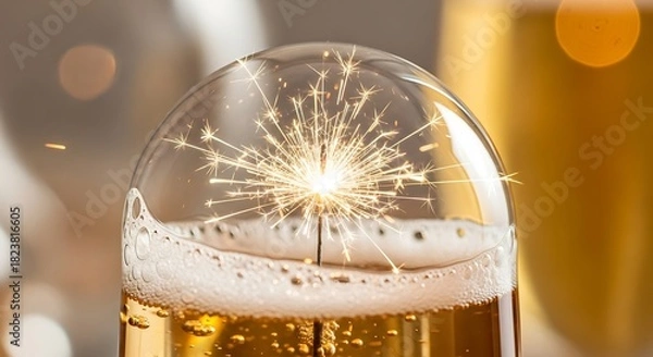 Fototapeta Celebratory Sparkler Firework in Glass of Beer with Bubbles and Foam