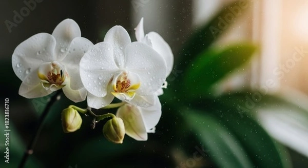Fototapeta Elegant white orchids adorned with delicate droplets reflecting soft sunlight near window