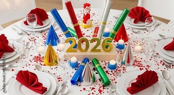 Fototapeta Colorful New Year Party Table with 2026 Number Candles and Celebration Decorations