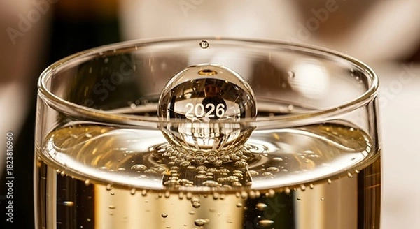 Fototapeta Glass of Sparkling Champagne with Crystal Ball Reflecting the Year 2026 in Elegant Indoor Setting