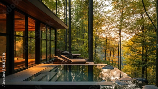 Fototapeta The gentle rustle of leaves and the sound of water are the perfect soundtrack for relaxation. How does this peaceful retreat in the forest rejuvenate your mind and spirit?