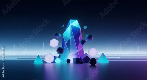 Fototapeta Abstract geometric digital art featuring a glowing crystal surrounded by various shapes with a futuristic neon glow effect