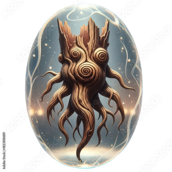 Obraz Mystical wooden entity with swirling roots and branches, resembling a tree spirit, encased in a glowing orb, isolated on transparent background