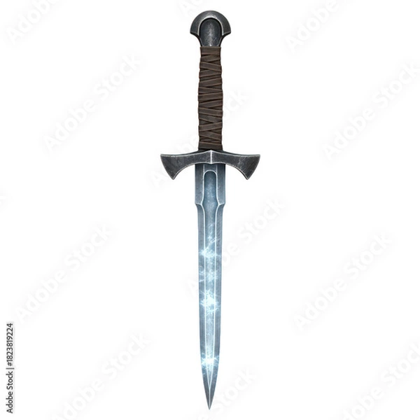 Fototapeta A mystical glowing dagger with a textured hilt, featuring a sharp blade emitting a faint blue light, isolated on transparent background