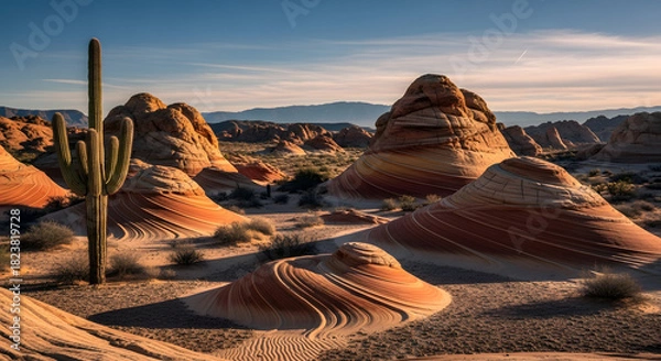 Fototapeta Sunlight illuminates unique sandstone formations and a cactus in a desert landscape at sunrise, showcasing natural beauty