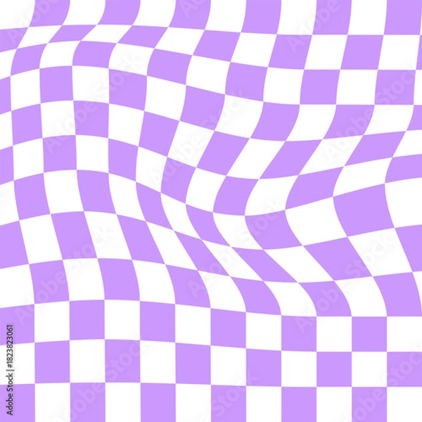 Fototapeta Distorted chessboard background in 2yk style. Visual chequered illusion. Dizzy psychedelic pattern with warped purple and white squares. Trippy checkerboard surface. Vector flat illustration