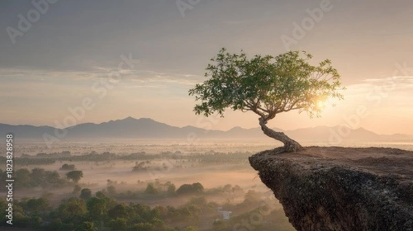 Obraz A solitary tree perched on a dramatic cliff overlooking a misty landscape at sunrise.