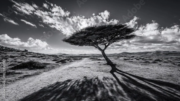 Obraz A solitary tree casts long shadows across a barren landscape.