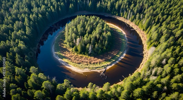 Fototapeta Serene Aerial View of a Forest Embracing a Circular River Bend, Capturing Nature's Tranquil Embrace and Geographical Artistry