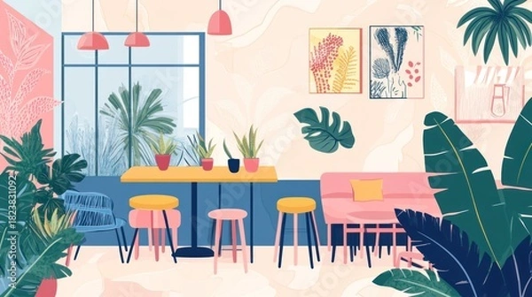 Obraz Pastel cafe interior with tropical plants, table, chairs, and sofa.