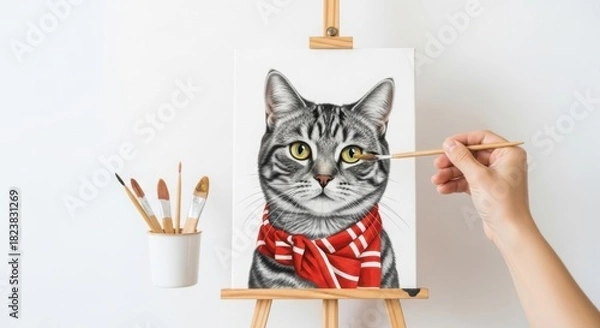 Fototapeta Drawing of cat with scarf on canvas on easel, art concept
