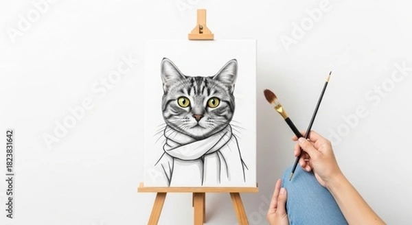 Fototapeta Hand holding painting brushes near a canvas on an easel with a sketch of a cat wearing a scarf on white background