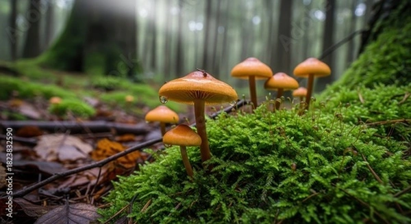 Fototapeta Enchanting mushrooms in a forest landscape with vibrant green moss and soft light