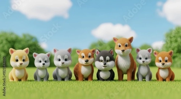 Fototapeta Enchanting parade of playful puppy figurines displayed across the verdant lawn under bright skies