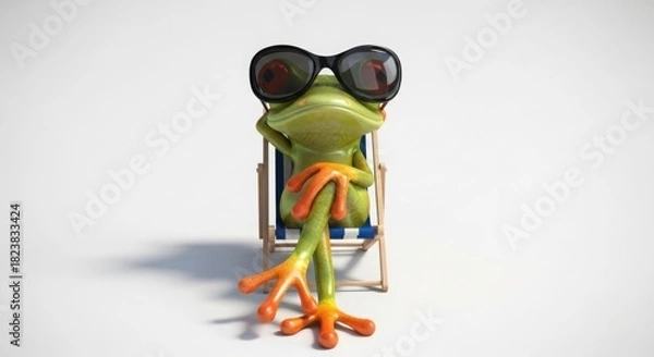 Fototapeta Cartoon frog wearing sunglasses relaxing in beach chair on white background