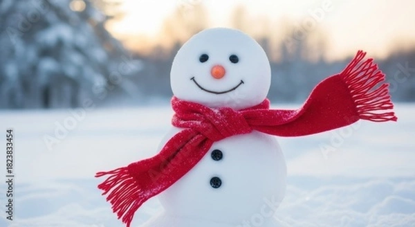 Fototapeta Enchanting snowman adorned with a vibrant scarf enjoying the crisp winter atmosphere on a