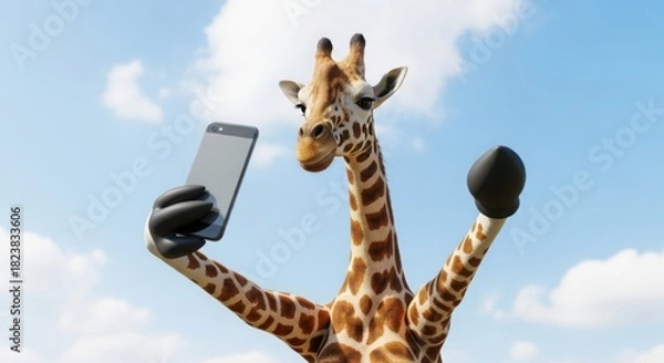 Fototapeta Giraffe taking a selfie with a smartphone against a cloudy sky