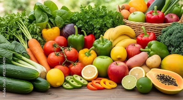 Fototapeta Abundant harvest of nutritious fruits and vegetables showcased on wood, emphasizing freshness and variety