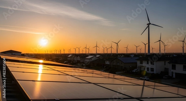 Fototapeta Renewable energy sources powering the planet with solar panels and wind turbines at sunset, clean energy future