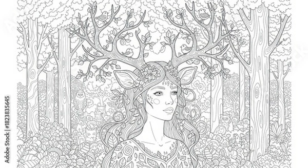 Fototapeta Enchanting woodland maiden with deer features, adorned in floral accents within a forest setting