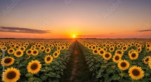 Fototapeta Endless field of sunflowers at glorious sunset casting warm light across the horizon