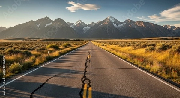 Fototapeta Endless road receding into the distance towards majestic snowcapped mountains underneath expansive