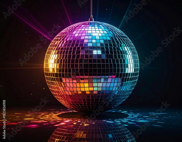Fototapeta colorful shining disco ball with light sparkles on a black background