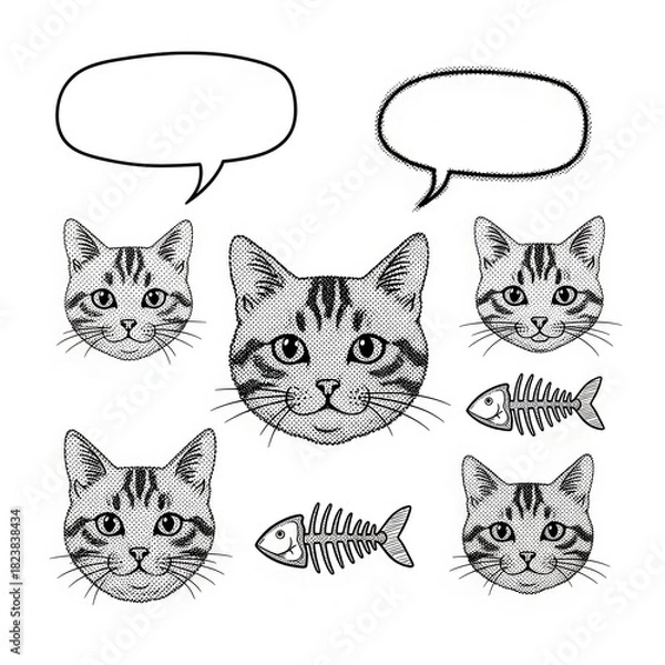 Fototapeta Engraved feline illustration: Comic style cat heads with speech bubbles and fish bones