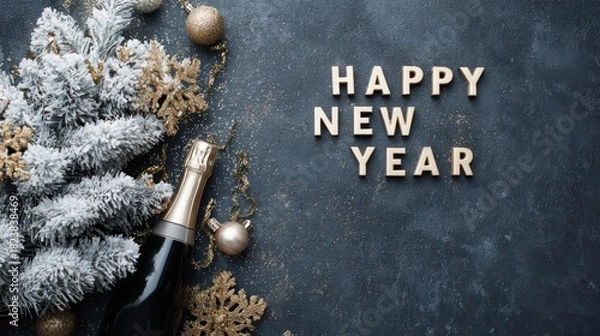 Obraz Festive happy new year greeting with champagne bottle and frosted christmas tree branches on dark background