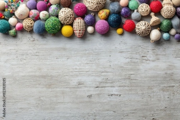 Obraz Vibrant assortment of decorative easter eggs arranged along the top edge of a rustic wooden surface