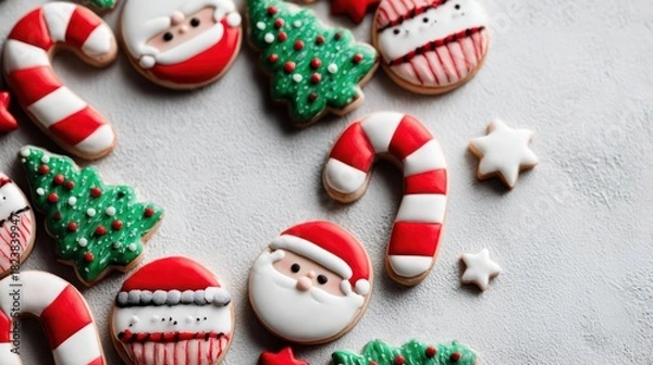 Obraz Festive assortment of homemade christmas cookies including santa claus candy canes and decorated trees