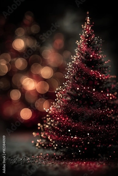 Fototapeta Bright christmas tree with garland  at night, illustration with copy space