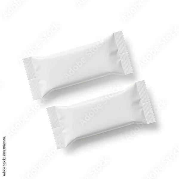 Fototapeta Two white snack bars arranged on white background, minimal food packaging mockup