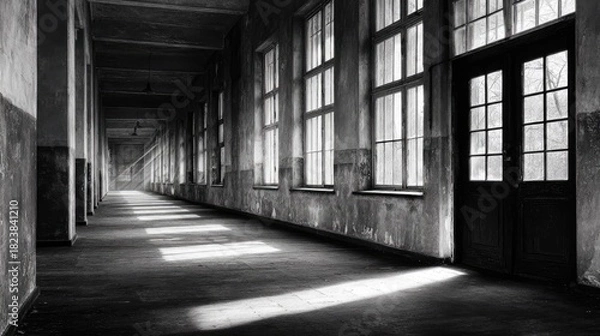 Obraz Sunbeams illuminate a long, deserted corridor.