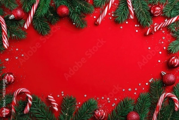 Obraz Festive christmas frame with green fir branches candy canes and red ornaments on a bright red background