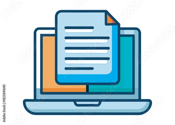 Fototapeta online electronic document or paper sheet or journal on laptop computer, vector flat illustration logo creative icon on white background.
