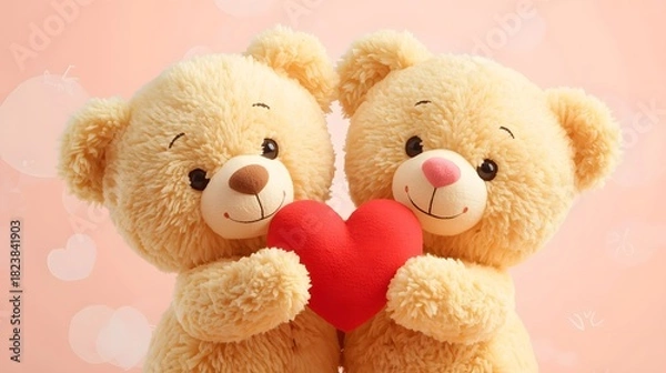 Fototapeta Two teddy bears with soft, rounded features and endearing facial expressions,