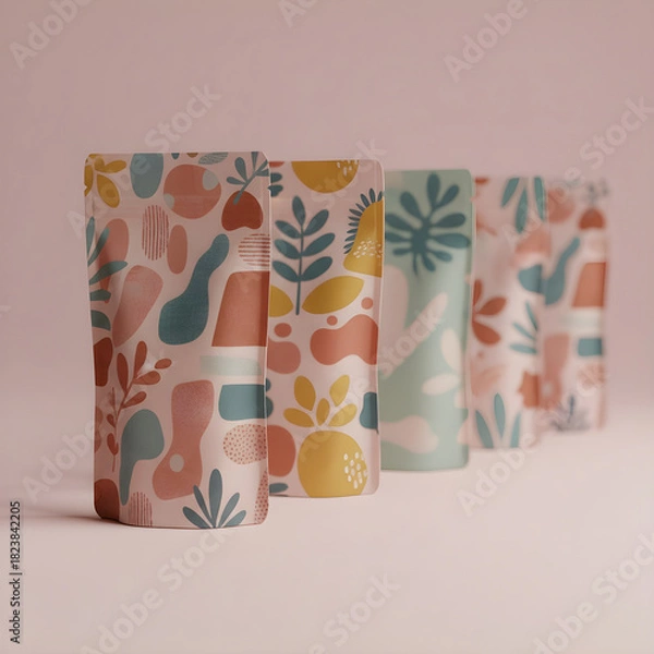 Obraz Set of patterned stand-up pouches with colorful abstract floral prints on pink background