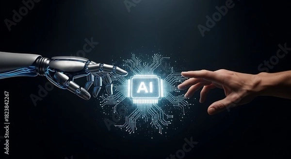 Obraz Close-up of a central, glowing AI chip being activated or connected by two contrasting hands