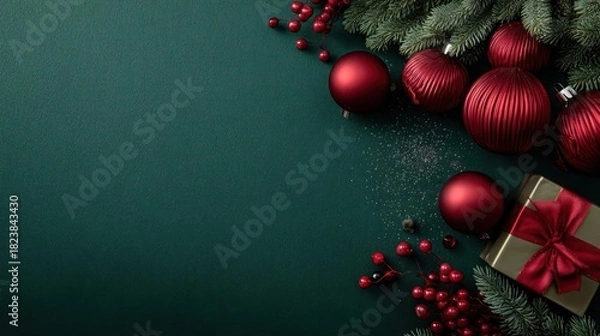 Obraz Festive christmas decorations including red baubles pine branches berries and a gift box on a dark green background