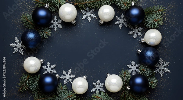 Fototapeta Dark blue and white Christmas ornaments with pine branches and snowflakes