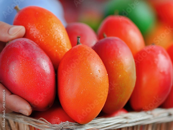 Fototapeta Fresh, ripe mangoes in a woven basket, showcasing vibrant colors and glistening textures, highlighting the essence of tropical fruits and healthy eating choices