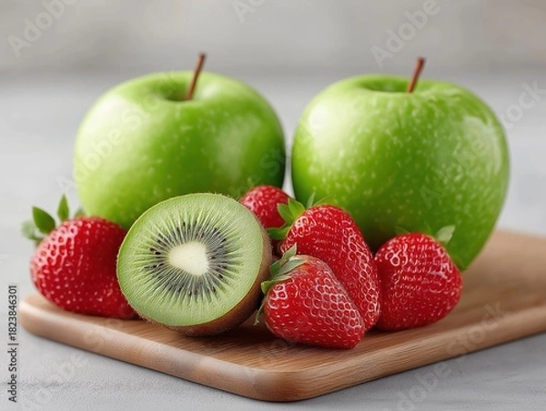 Fototapeta Fresh green apples and ripe strawberries arranged on a wooden cutting board, with a sliced kiwi showcasing its vibrant interior, emphasizing healthy eating and natural ingredients