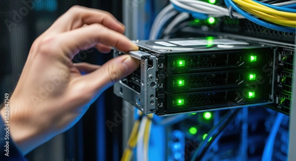 Fototapeta Configuring edge computing hardware for enhanced data processing at server rack, with human hand adding server modules. Edge computing empowers organizations to improve performance and security,