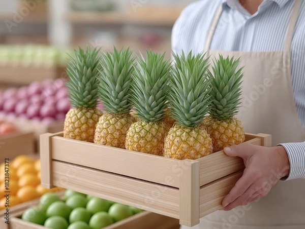 Fototapeta Fresh pineapples arranged in a wooden crate held by a vendor in a vibrant market, showcasing colorful fruits and a lively shopping atmosphere